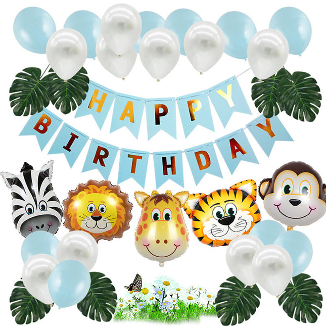 Dieren Safari Feestpakket - Blauwe Verjaardagsbanner en Ballonnen met Safari Dieren