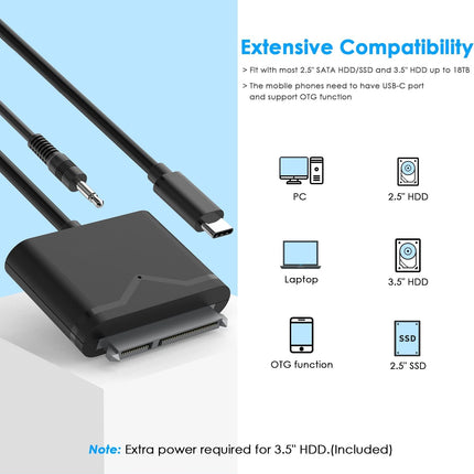 SATA naar USB C Adapter Kabel, SATA III Kabel Externe Harde Schijf Adapter Converter Connector voor 2.5 "SSD/HDD en 3.5" HDD Gegevensoverdracht, Ondersteuning UASP, Trim en SMART, Auto-Sleep Mode-18TB