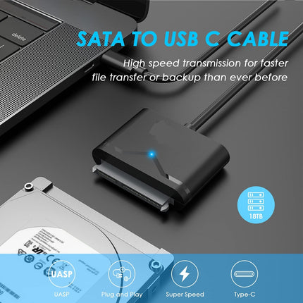SATA naar USB C Adapter Kabel, SATA III Kabel Externe Harde Schijf Adapter Converter Connector voor 2.5 "SSD/HDD en 3.5" HDD Gegevensoverdracht, Ondersteuning UASP, Trim en SMART, Auto-Sleep Mode-18TB