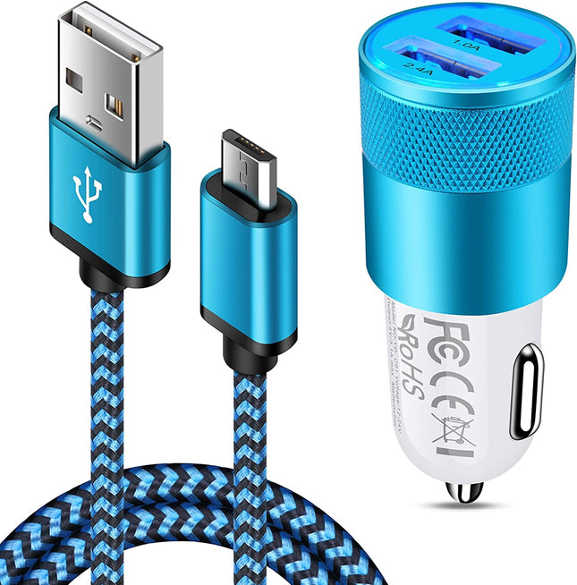 Fast Charge Android Autolader, 3.4A Autolader Adapter met 6ft Nylon Gevlochten Micro USB Kabel Snelle Sync Oplaadkabel