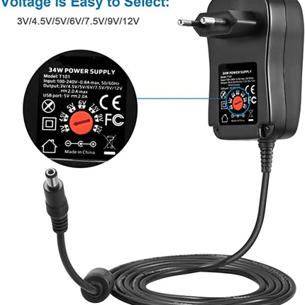 34 W Universele Voeding - Adapter Instelbare Stroomvoorziening - Universele Adapter Oplader - 8 Adapterstekkers Plus USB 2000 mA