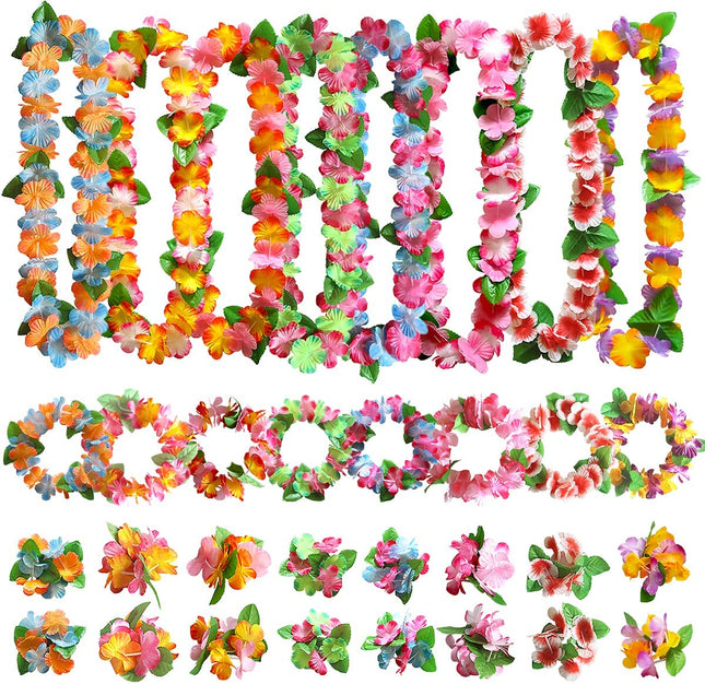 Hawaii-feestdecoraties, 32 stuks, bloemen-halsketting-bloemenarmband, hoofdband, voor tropische Hawaii-party, thema strandfeest, Hawaïaanse nachtbar strandvakantie