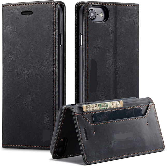 Mobiele telefoonhoesje geschikt voor iPhone 8/7/6/6s/SE2020 - RFID-bescherming - kaartsleuf - geldsleuf - standaard - flip-case - magnetische flip-case - leder - zwart