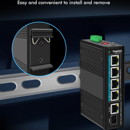 4-Port Industrial Gigabit PoE DIN Rail Switch, 4 PoE+ Ports 1000Mbps, 1 Gigabit Uplink, 1 SFP Port, IEEE802.3af/at 120W, Unmanaged, 16 Gbps Switching Capacity, IP40