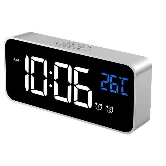 LED Digital Alarm Clock with Temperature Display, USB Rechargeable Mirror Bedside Clock for Bedroom Office, Snooze, 3 Adjustable Volume 4 Levels Brightness, 2 Alarms Set with 13 Music, Silver