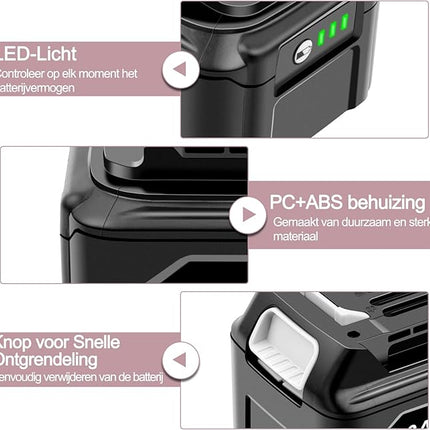 Ersatzakku – Ersatzakku – Passend für Makita BL1021B &amp; BL1041B – Mit Display-Anzeige