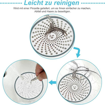 RVS Doucheputje Zeef met Pincet - Haarvanger en Afvoerbeschermer met Grijze Siliconen Rand - Geschikt voor Badkamers en Keukens - 11 cm Diameter