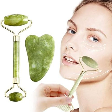 Massage-Gesichtsroller und -schaber – mit Facelift-Stein – grüner Quarz