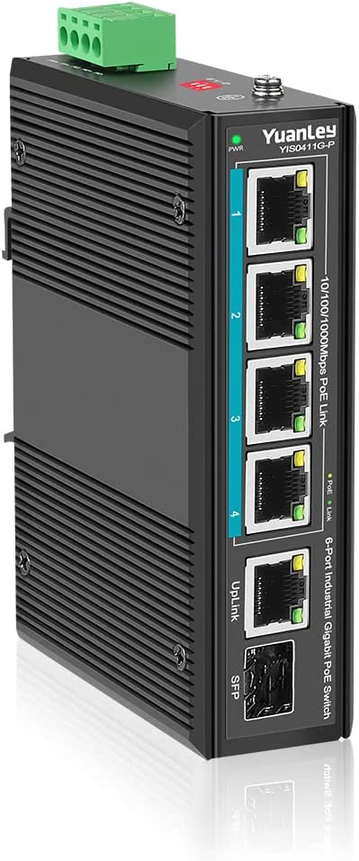 Industrieller 5-Port-Gigabit-PoE-DIN-Schienen-Switch, 4 PoE+-Ports mit 1000 Mbit/s, 1 Gigabit-Uplink, 1 SFP-Port, IEEE802.3af/at 120 W, nicht verwaltet, 16 Gbit/s Schaltkapazität, IP40