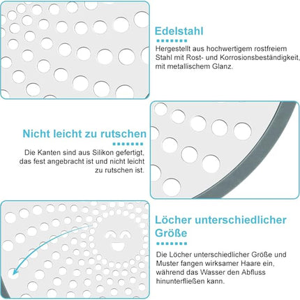 RVS Doucheputje Zeef met Pincet - Haarvanger en Afvoerbeschermer met Grijze Siliconen Rand - Geschikt voor Badkamers en Keukens - 11 cm Diameter