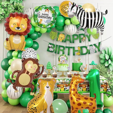 Geburtstagsdeko-Set – 1 Jahr – Dschungel-Motto – Luftballons, Wimpel, Kuchen, Banner und mehr – Kinderparty