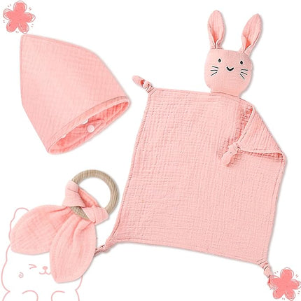 Geschenkset für Neugeborene – Rosa – Kuscheltuch, Beißring und Lätzchen – ab 0 Monaten 