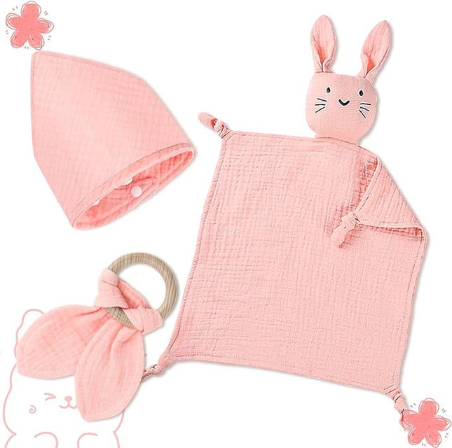 New Born Cadeauset - Roze – knuffeldoek, bijtring en slabber – 0+ mnd