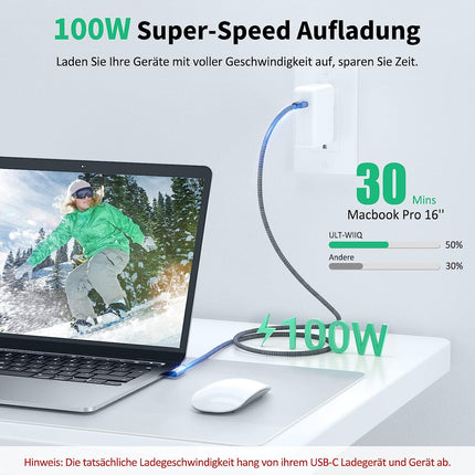 USB C naar USB C kabel 100 W, 20 Gbps 90 graden hoek USB 3.2 Gen2 × 2 Type C datakabel met 4K @ 60Hz video-overdracht, 20 Gbps gegevensoverdracht, PD 3.0 QC 4.0 5A oplaadkabel voor monitor, OTG, USB C-apparaten ( 2 meter)