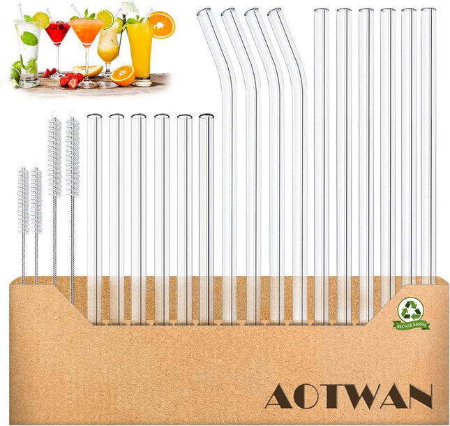 glass straws, reusable, 20 glass straws, 6 short + 6 long straight glass straws, 4 curved glass straws with 4 cleaning brushes for cocktails, smoothies and juices