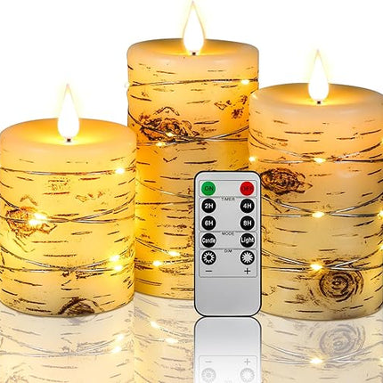 Set mit 3 LED-Einbaukerzen – Birkenrindeneffekt, tanzende LED-Flamme und Fernbedienung