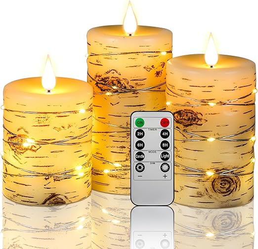 Set mit 3 LED-Einbaukerzen – Birkenrindeneffekt, tanzende LED-Flamme und Fernbedienung