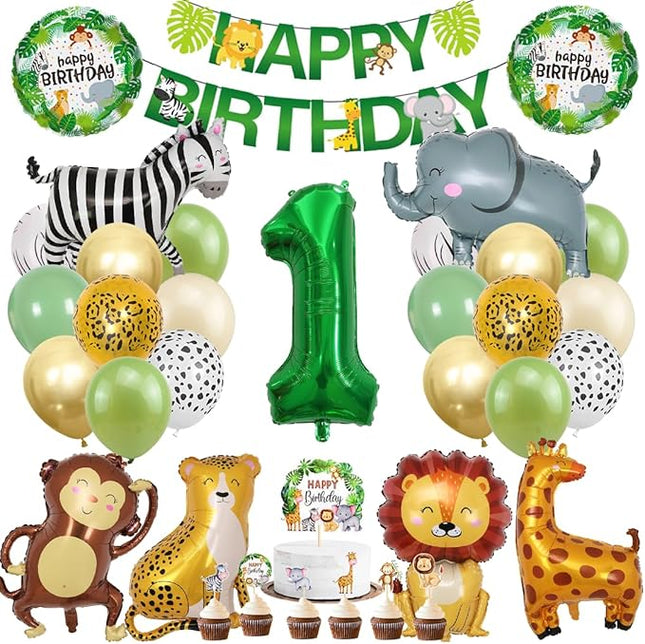 Verjaardagsdecoratie Set - 1 Jaar - Jungle Thema - Ballonnen Vlaggen Taart  Banner en meer - Kinderfeest