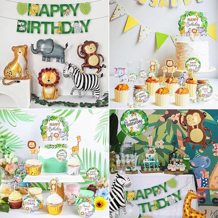 Geburtstagsdeko-Set – 1 Jahr – Dschungel-Motto – Luftballons, Wimpel, Kuchen, Banner und mehr – Kinderparty