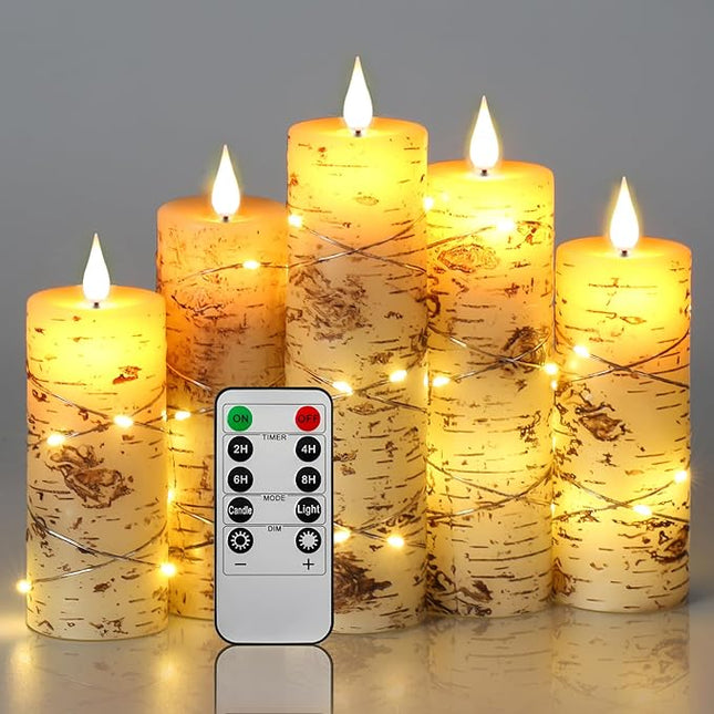 Set mit 5 LED-Kerzen – kabellos – mit Sternenlichtkabel – realistische Flamme und Fernbedienung