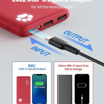 Powerbank 10.000 mAh - Ultraslank - USB-C - Snelladen met Zaklamp - Rood