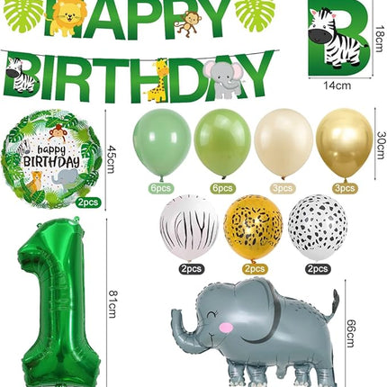 Geburtstagsdeko-Set – 1 Jahr – Dschungel-Motto – Luftballons, Wimpel, Kuchen, Banner und mehr – Kinderparty