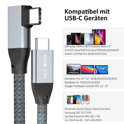 USB C naar USB C kabel 100 W, 20 Gbps 90 graden hoek USB 3.2 Gen2 × 2 Type C datakabel met 4K @ 60Hz video-overdracht, 20 Gbps gegevensoverdracht, PD 3.0 QC 4.0 5A oplaadkabel voor monitor, OTG, USB C-apparaten ( 2 meter)