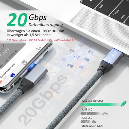 USB C naar USB C kabel 100 W, 20 Gbps 90 graden hoek USB 3.2 Gen2 × 2 Type C datakabel met 4K @ 60Hz video-overdracht, 20 Gbps gegevensoverdracht, PD 3.0 QC 4.0 5A oplaadkabel voor monitor, OTG, USB C-apparaten ( 2 meter)