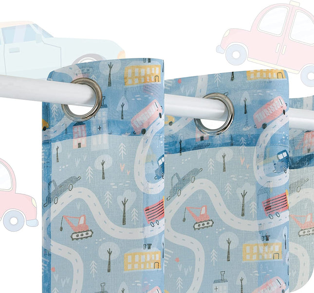 Car Print Curtains for Children's Room Nursery Modern Living Room Decorative Sheer Curtains with Eyelets 2 Pieces 140x260cm Blue