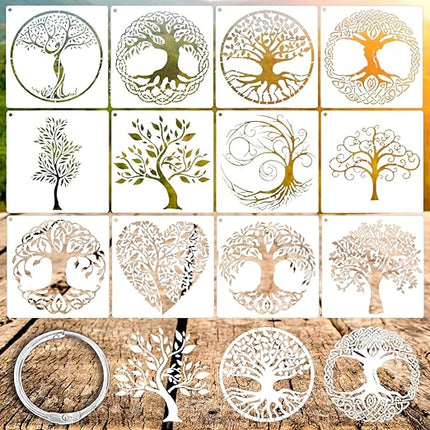 Set van 12 Boom Stencils - Herbruikbare Sjablonen voor Natuurlijke Plantendecoratie, DIY Kunst en Ambachten