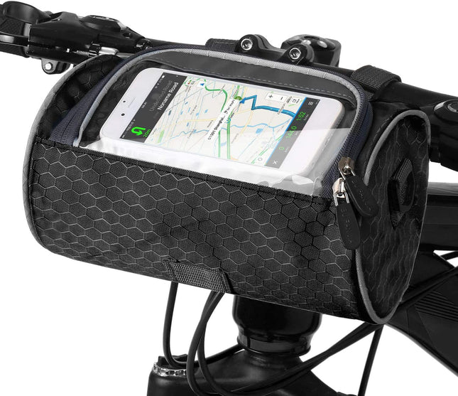 Bicycle Handlebar Bag, Waterproof, Front Pocket for Bicycle, Phone Holder with Touch Screen Bag, Storage Bag, 22 x 12 cm - Black