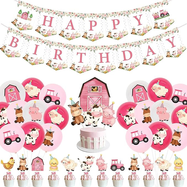 Verjaardagsdecoratie Set - Boerderij Thema - Ballonnen Vlaggen Taart en meer - Meisjesfeest
