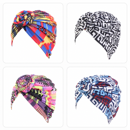 4 Pieces New Fashion Women African Pattern Flower Turban Muslim Turban Headscarf Headwrap Ladies Chemo Cap Bandana Hair Accessories; 4 pieces in the colours: national royal blue - black and white - sky blue - pink