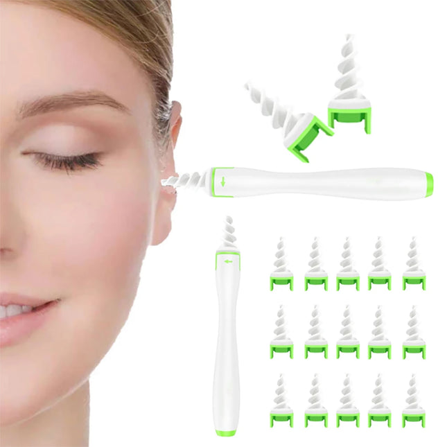 Ear Cleaner Wax Remover [Model 2022] - 360 Degree Spiral Rod Ear Cleaning, Soft Ear Cleaner Set with 16 Replacement Heads - Ear Cleaner for Adults and Family - Green