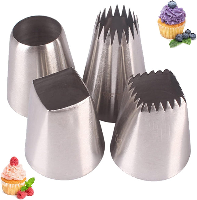 Set van 4 Grote RVS Spuitmondjes voor Taart, Cupcake en Dessert Decoratie