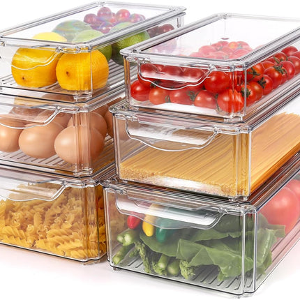 Set van 6 Transparante Koelkast Organizers – Stapelbare Opbergdozen met Deksel en Handvat | BPA-vrij