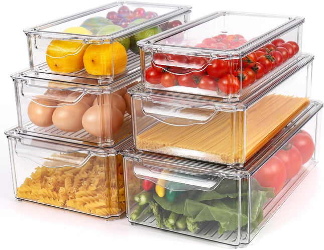 Set van 6 Transparante Koelkast Organizers – Stapelbare Opbergdozen met Deksel en Handvat | BPA-vrij