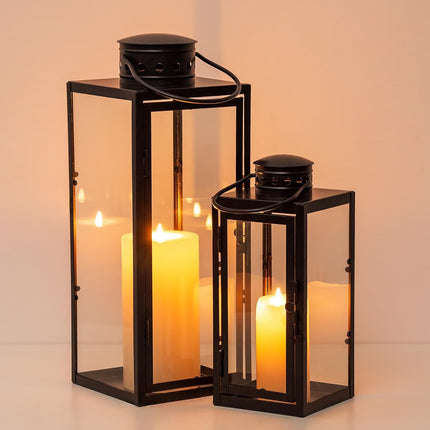 Zwarte Metalen Lantaarn Set – 2 stuks - 24 en 35 cm – Stijlvol en Weerbestendig – Binnen en Buiten