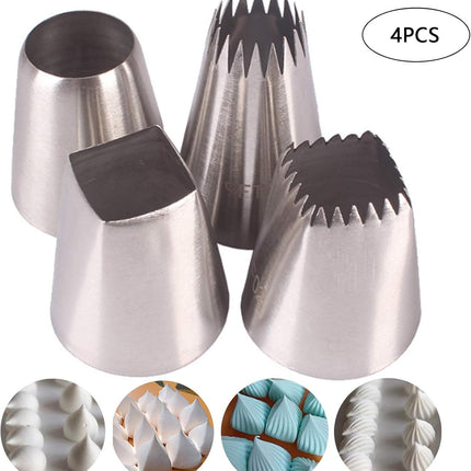 Set mit 4 großen Spritztüllen aus Edelstahl für Kuchen-, Cupcake- und Dessertdekoration