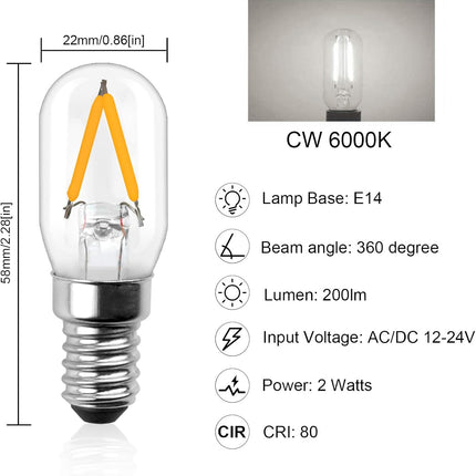 Koelkastlampen Set - E14 LED lamp 12–24V koud wit 6000K - 2W T22 buis – 2 stuks