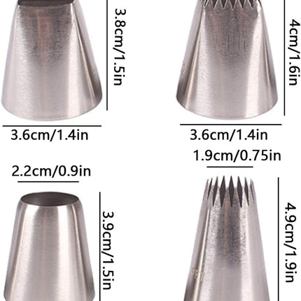 Set mit 4 großen Spritztüllen aus Edelstahl für Kuchen-, Cupcake- und Dessertdekoration