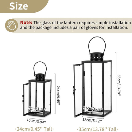 Zwarte Metalen Lantaarn Set – 2 stuks - 24 en 35 cm – Stijlvol en Weerbestendig – Binnen en Buiten
