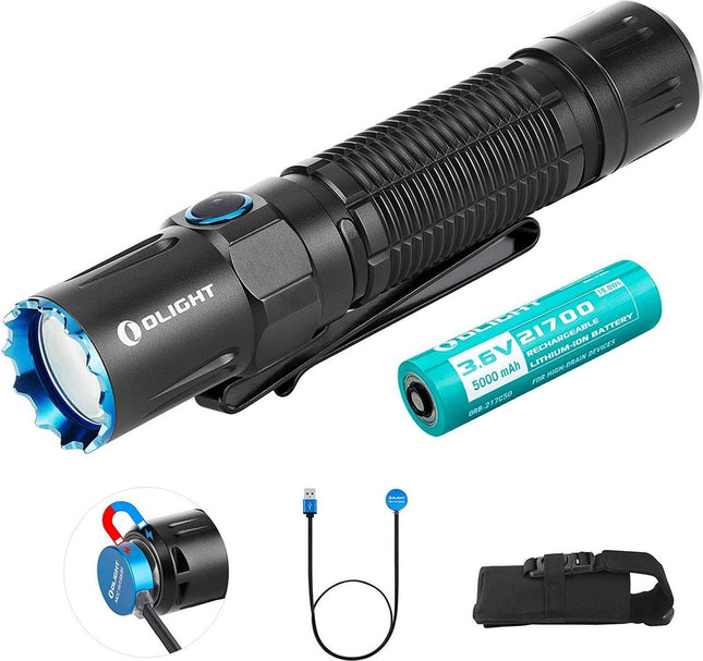 Tactical flashlight - neutral white - LED USB magnetic rechargeable double switch - with TIR lens - 5000 mAh with 21700 battery - IPX8 waterproof - 1.5 m drop test - 1800 lumens and 300 meters throw