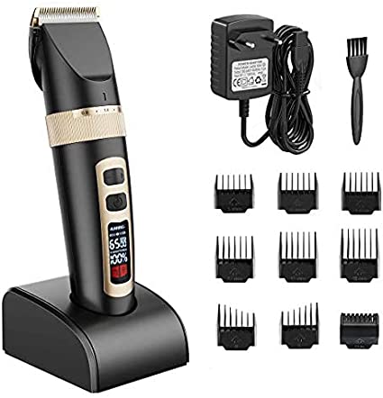 Professional hair clipper for men with charging station, long hair clipper, electric rechargeable hair clipper for men with LCD display, 9 comb attachments
