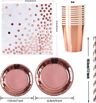 XinYang Rose Gold Party Tableware Set Disposable Paper Tableware 10 Party Plates 9 inch + 10 Paper Plates 7 inch + 10 Paper Cups + 10 Straws + 10 Paper Napkins Disposable Birthday Party Wedding For 10 Guests