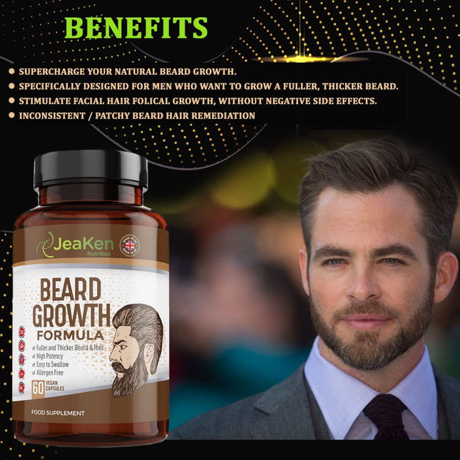Natural Hair Supplements for Growth - Hair Vitamins for Growth with Biotin Supplement - Hair Growth Treatment for Men - 60 Vegeterian Beard Thickening Capsules