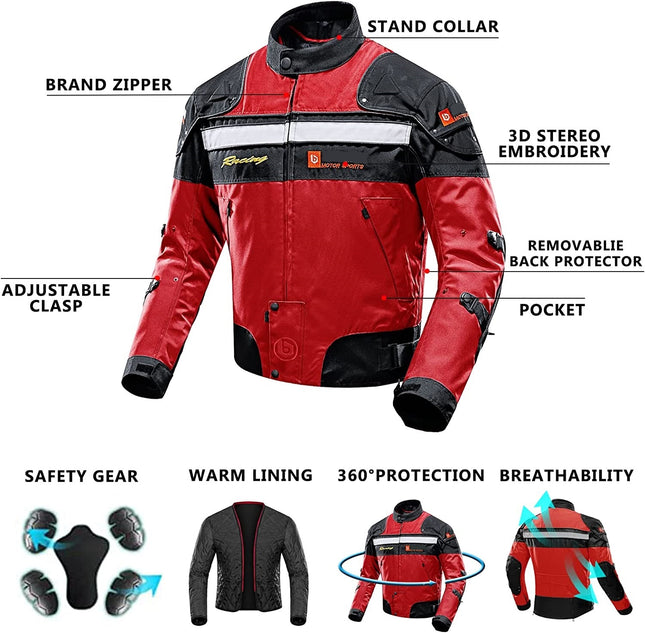 Motorradjacke | Winddicht | 5 Schutzausrüstungsrüstungen | Männer | Frauen | M | Rot