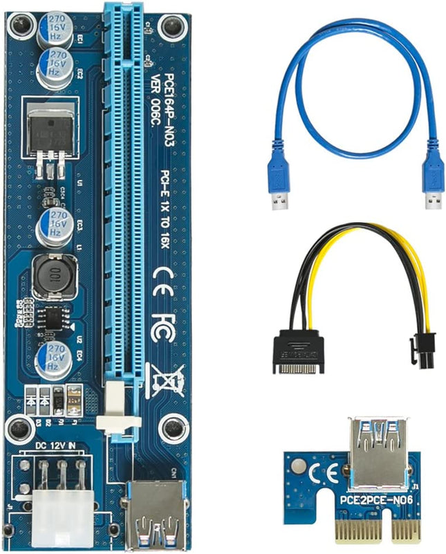 6 Pin Powered PCI-E PCI Express Riser - VER 006C - 1X to 16X PCIE USB 3.0 Adapter Card - With USB Extension Cable - GPU Graphics Card Crypto Currency Mining (Blue) Victony Brand 3 Pack