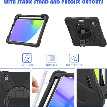 case compatible with iPad Mini 6 (8.3 inch, release 2021, 6th generation), full body shockproof case with 360° rotatable kickstand, black wrist strap