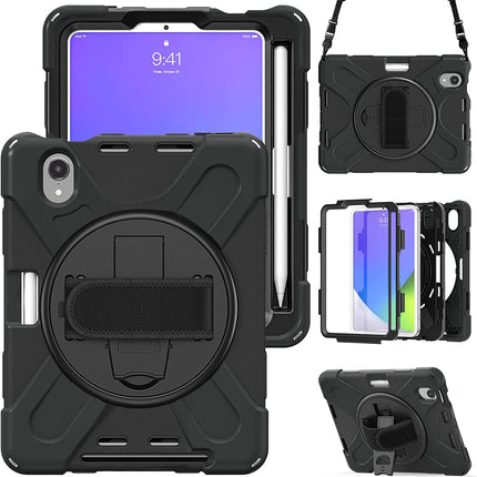case compatible with iPad Mini 6 (8.3 inch, release 2021, 6th generation), full body shockproof case with 360° rotatable kickstand, black wrist strap